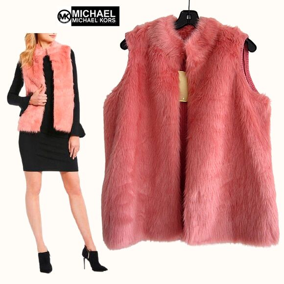 MICHAEL KORS NEW Soft Girl DUSTY ROSE Faux Fur Front/Knit Back Vest L - Picture 1 of 12